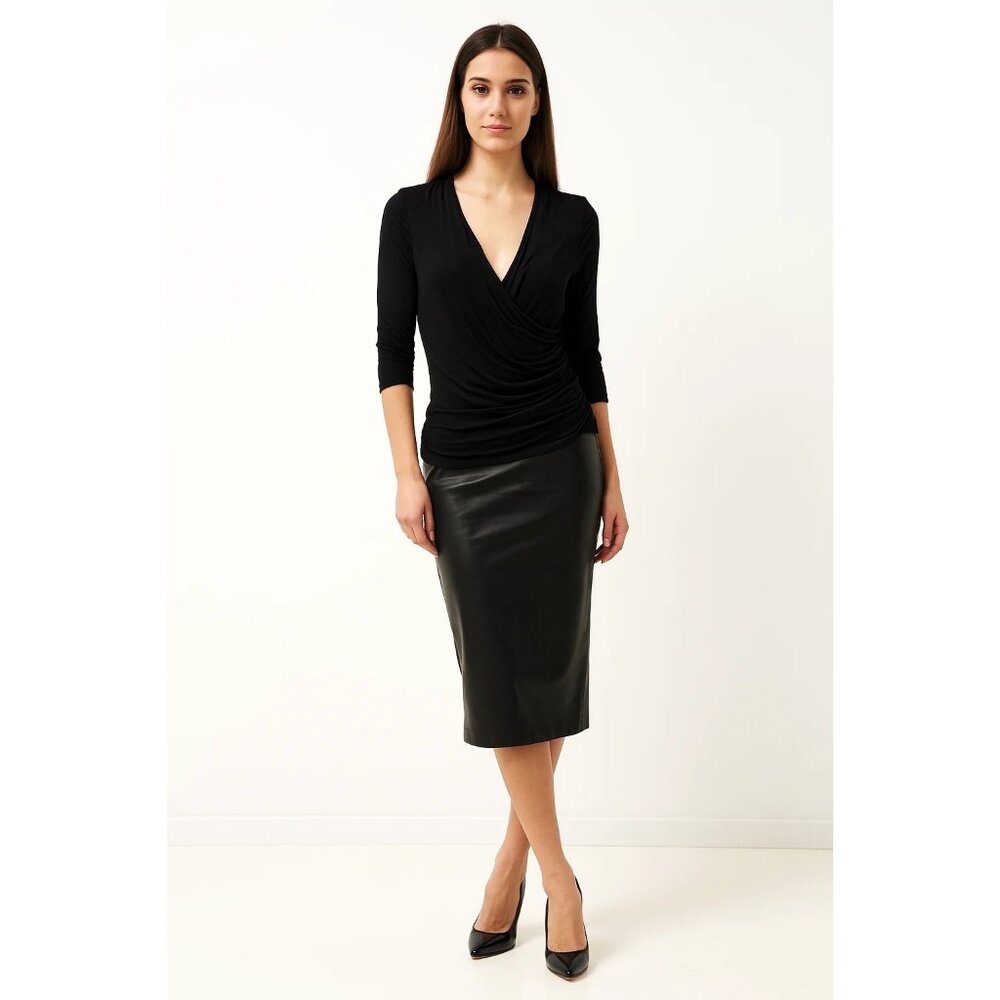 Patty Black Deep V-Neck Ruched Waist Sweater 3/4 Sleeves Rayon/Spandex Large NWT